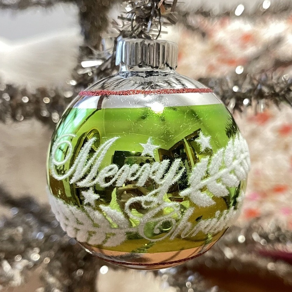 3" Radko Shiny Brite Stenciled Flocked Ornament Merry Christmas Red Green Silver
